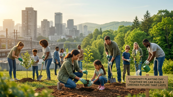 Group of adults and children planting young trees in a green park with a city skyline in the background, representing environmental sustainability and community action.